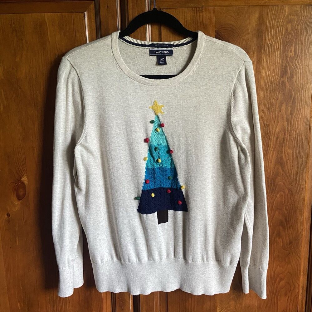 Lands' End 100% Cotton Ombré Christmas Tree Sweater Size Large Petite Holiday
